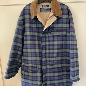 Vintage Polo Ralph Lauren Oilskin Waxed Jacket in Blue and Green Plaid, Size L
